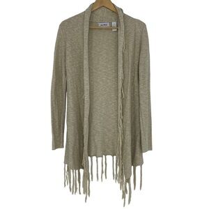 Le Moda oatmeal cream tan fringe knit long sweater cardigan women's size medium